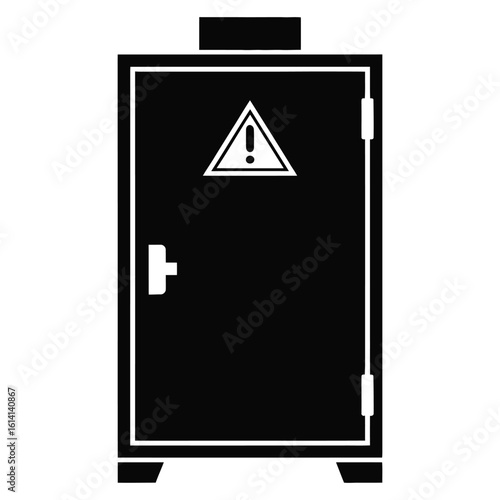 Hazard Warning Chemical Storage Cabinet Icon – Black and White Vector Illustration of Industrial Safety Locker, Laboratory Hazardous Material Storage, Secure Chemical Container