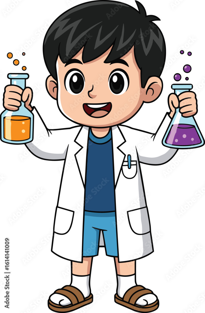 Cartoon Young Scientist Boy Holding Laboratory Flasks – Smiling Child in Lab Coat, Experimenting with Colorful Chemicals, Educational Science Vector Cartoon Young Scientist Boy Holding Laboratory Flasks – Smiling Child in Lab Coat, Experimenting with Colorful Chemicals, Educational Science Vector