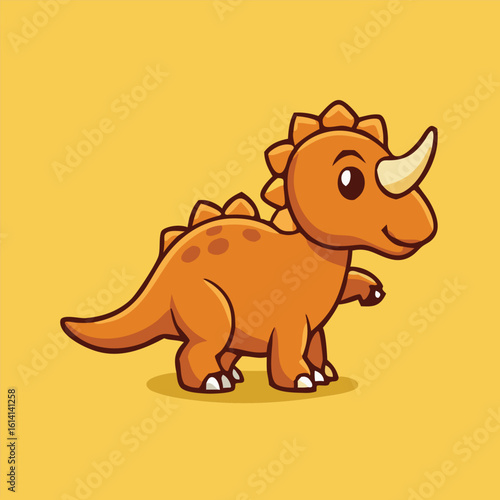 Charming Triceratops walks cheerfully with its single horn shining against the warm background