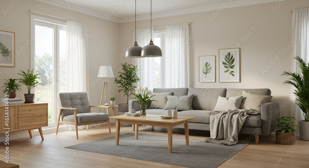 Fototapeta premium Cozy living room interior with light neutral tones and wooden furniture.