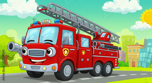 A cartoon red fire truck with a ladder on top driving through a cartoon cityscape background