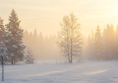 Wallpaper Mural Snowy Winter Landscape with Forest and Golden Light Torontodigital.ca
