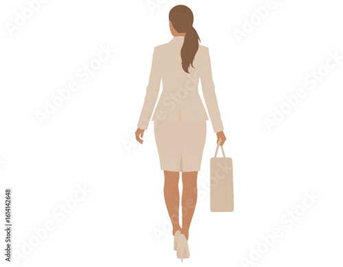 Rear view of business woman in suit walking away holding a bag against white background image