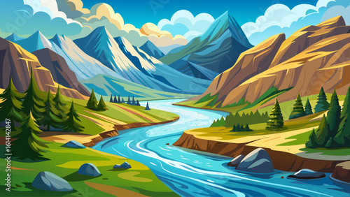 An isolated mountain river runs swiftly its water sparkling clean and fresh meandering through the picturesque mountain landscape