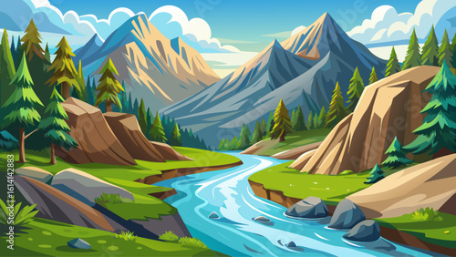 An isolated mountain river runs swiftly its water sparkling clean and fresh meandering through the picturesque mountain landscape