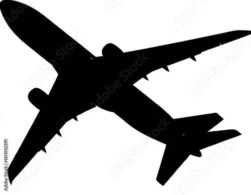 A silhouette of a large airplane in flight viewed from below against a white background is shown here