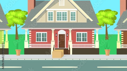 Delivery Truck Dropping Box at House – 2D Animation of Package Delivery Service, E-Commerce Shipping, Front Door Drop-Off, Cartoon Street Scene