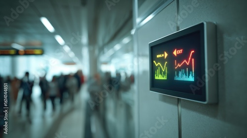 Clear medium shot capturing an intelligent exit signage panel shifting arrow indicators as LiDAR data maps crowd density with a blurred view of a busy hallway behind.