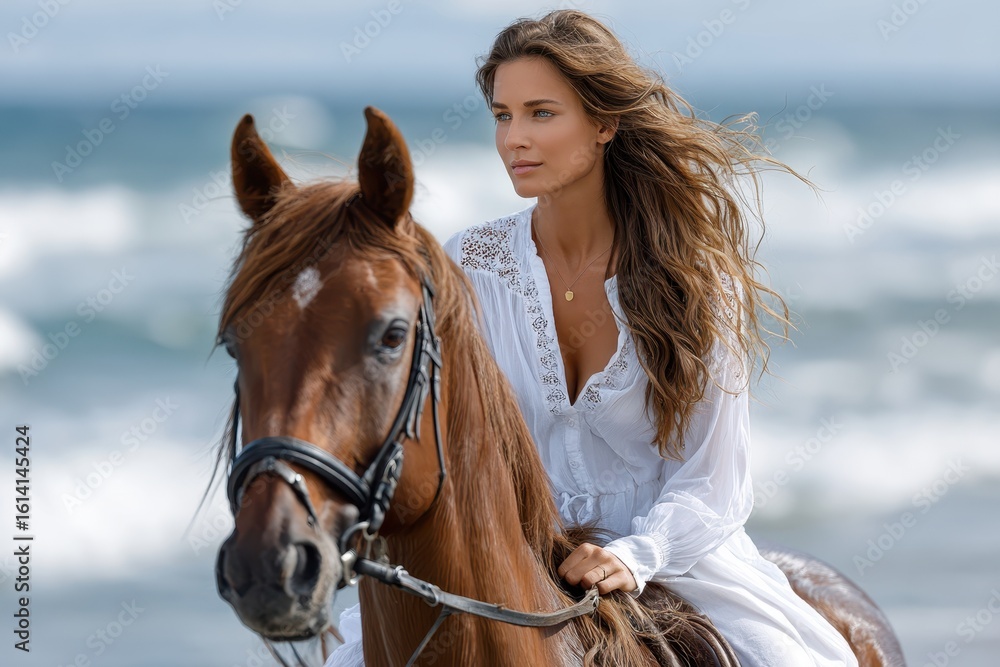 Obraz premium Woman riding a horse along the beach under cloudy skies in a serene coastal setting