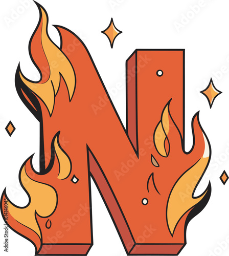 Fiery letter n illustration with flames and sparkles isolated on a white background