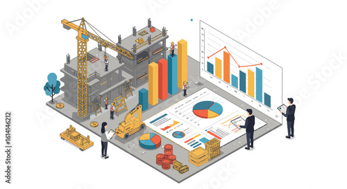 Isometric construction site analysis with graphs and charts