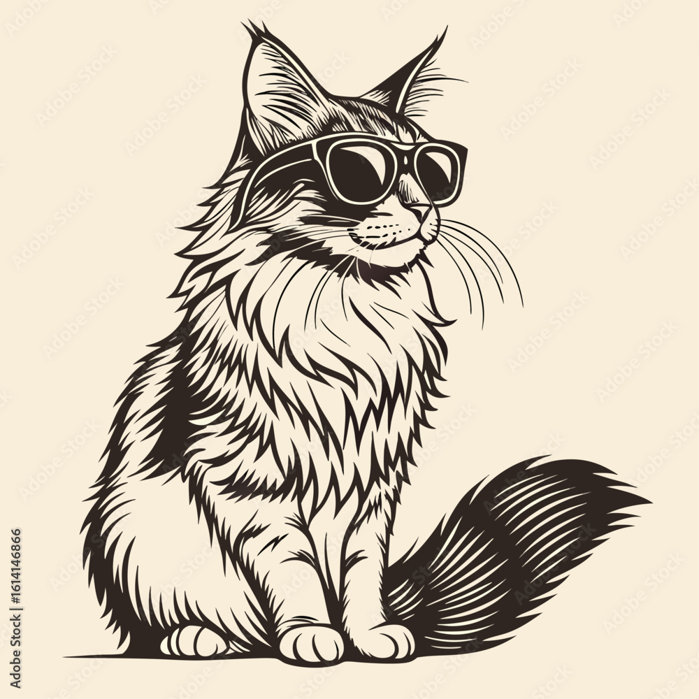 Obraz premium Cool Maine Coon Cat Wearing Sunglasses, Line Art Illustration