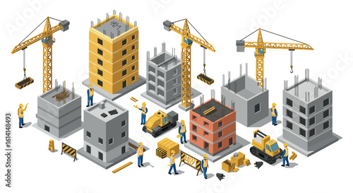 Isometric construction site with cranes, buildings, and workers in action