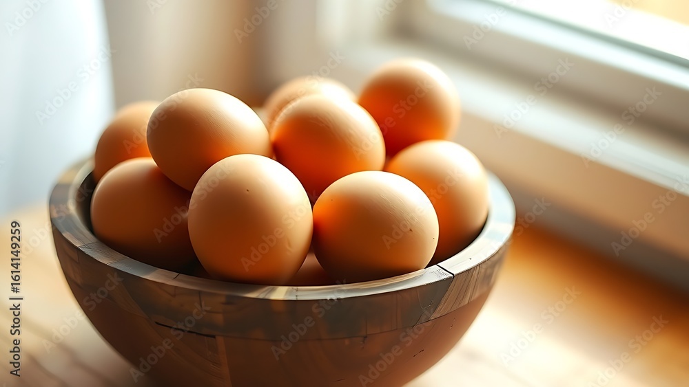 Fresh brown eggs neatly arranged in a rustic wooden bowl, bathed in soft natural window light. Fresh brown eggs neatly arranged in a rustic wooden bowl, bathed in soft natural window light.
