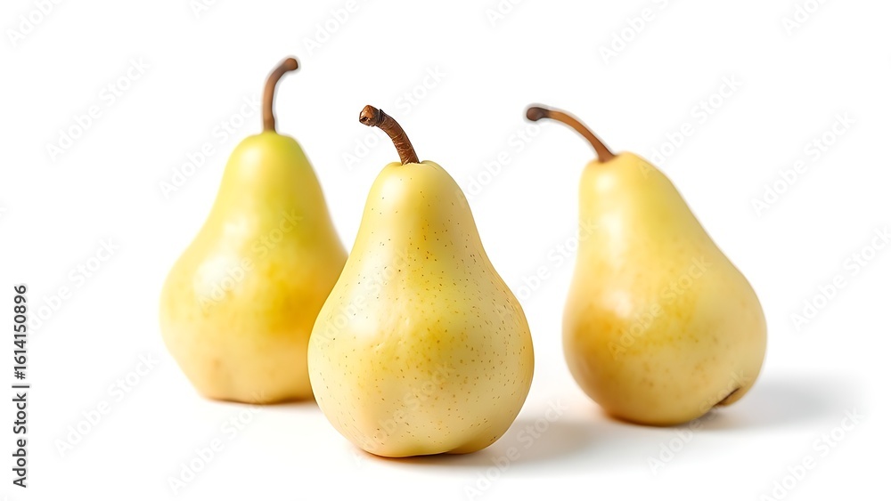 Glossy pears on white background, fresh and ripe, highlighting natural textures in a clean composition. Glossy pears on white background, fresh and ripe, highlighting natural textures in a clean composition.