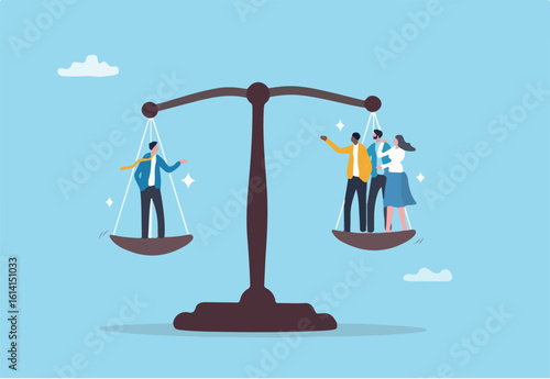 Full time or contractor decision, worker or employee equality, salary or wages pay check, responsibility, staff capability judgement, efficiency concept, business people balance on scale. 