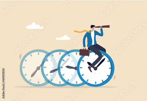 Time management, vision or effort to manage project and foresee problem or opportunity, work deadline or timer countdown, progress or development concept, businessman riding time passing clock. 