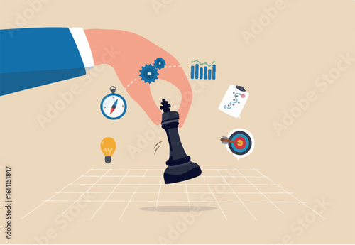 Strategic planning, tactic or strategy to win business competition, marketing analysis or challenge to achieve target, decision based on information concept, businessman hand on strategic chess king.