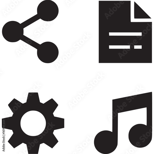A collection of four distinct black icons arranged on a white background in a square format image on transparent background