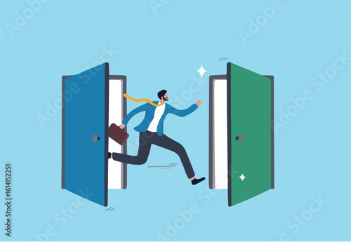 Change job, career transition or move to new opportunity, employee turnover, resignation or leave company, new job, employment, recruitment concept, businessman leave open door to new opportunity.