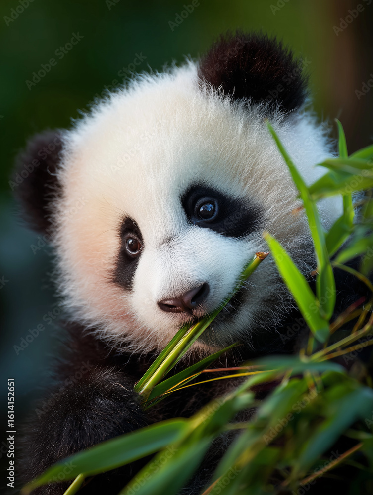 Fototapeta premium Panda cub nibbling bamboo leaf against blurred foliage background, photograph