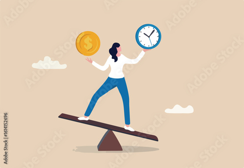 Time and money balance, weight between work and life, long term investment or savings, control or make decision concept, cheerful business woman balance between time clock and dollar money on seesaw.