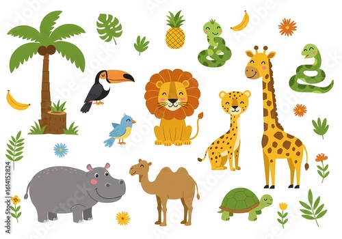 Fototapeta Naklejka Na Ścianę i Meble -  Cartoon jungle animals vector illustration for kids design and decoration set