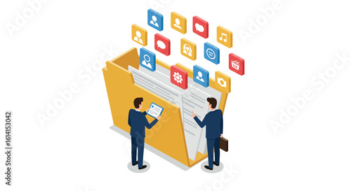 Businessmen organizing digital files in isometric folder with colorful social media icons