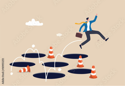 Avoid pitfall, adversity and brave to jump pass mistake or business failure, skill and creativity to solve problem concept, smart businessman jump pass many pitfalls to achieve business success.