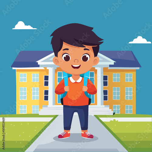 Cute Cartoon School Kid Character in front of a School