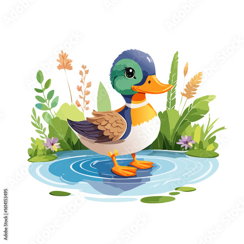 Watercolor Duck in a Pond Isolated on a Transparent Background