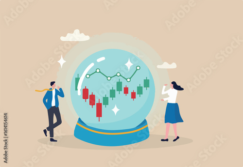 Forecast or prediction, investment opportunity, fortune teller to see stock market or economic direction, trend or business vision concept, business people look at magic sphere future market chart.