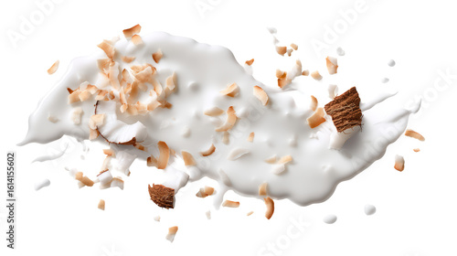 Creamy coconut ice cream swirl with toasted coconut flakes and chocolate pieces isolated on transparent background