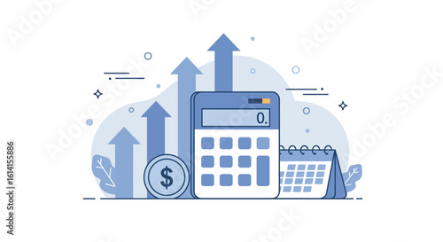 Financial growth concept with calculator and rising graph icons in blue tones