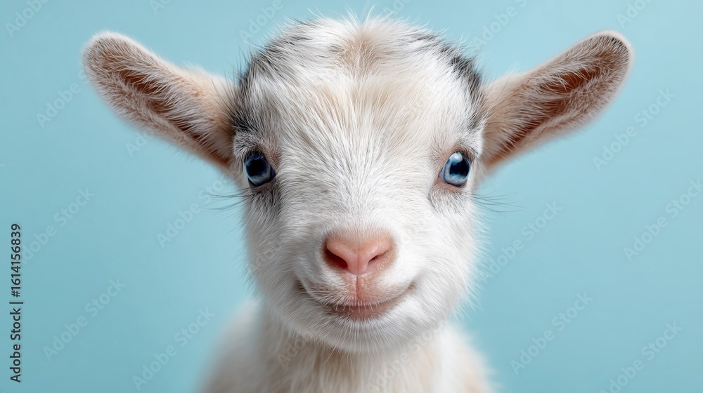 Fototapeta premium Cute baby goat isolated on blue background