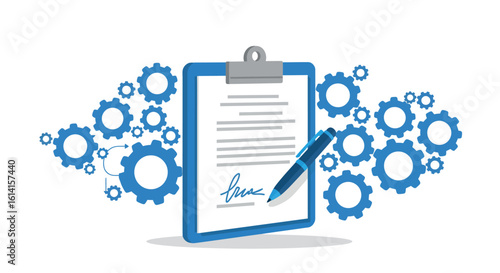 Flat style contract signing with blueprint gears and clipboard