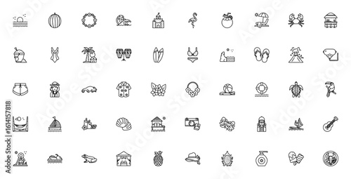 Tropical_9495 icon set. Summer vector collection. Includes sun, watermelon, flamingo, palm tree, bikini, pineapple, beach bar, surfboard, coconut, hammock and more. Editable stroke.
