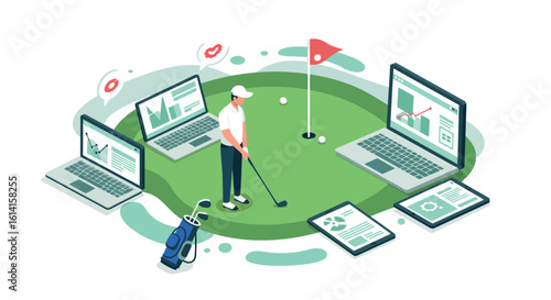 Isometric businessman golfing with laptops and tablets on putting green
