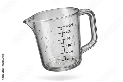 Clear glass measuring cup with water drops, isolated, transparent background