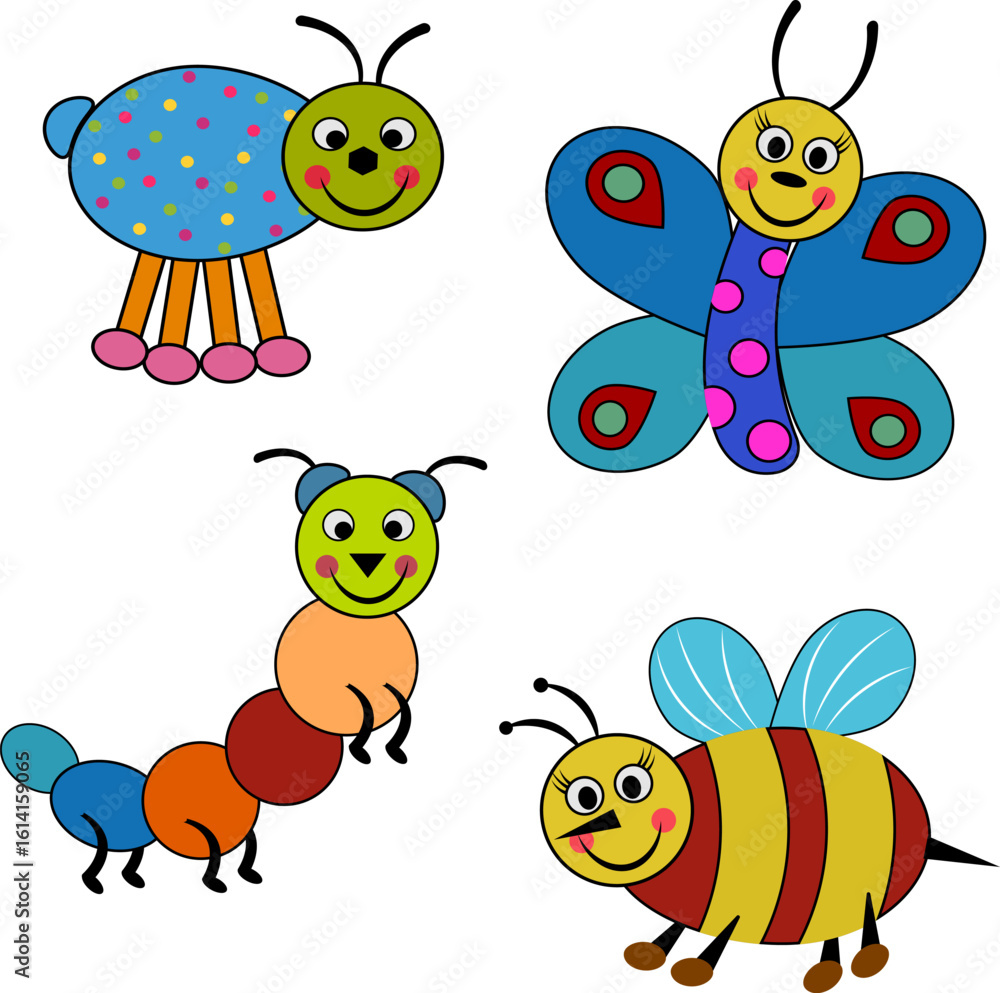 Fototapeta premium Bright children's toys for children.Vector set of children's toys in the form of colorful insects on a transparent background.