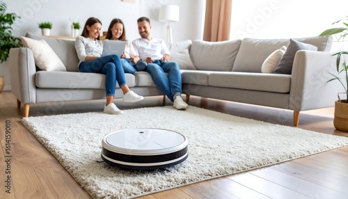 Family relaxing while robot vacuum cleans