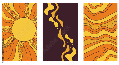 Retro Groovy Backgrounds with Sun Waves and Abstract Shapes