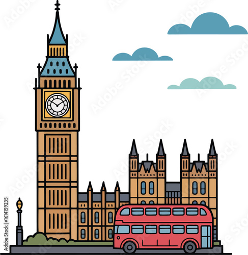 London Cityscape Vector Illustration with Big Ben and Double Decker Bus on Transparent
