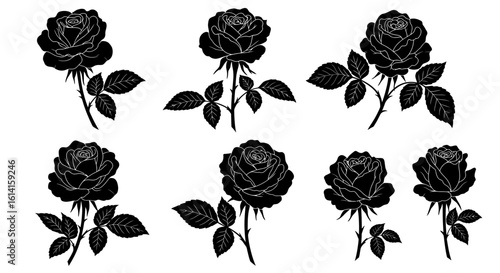 Seamless Pattern of Black Rose Silhouettes on White Background for Textile Design