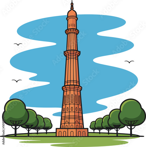 Qutub Minar Tower Illustration with Trees and Birds in Flat Vector Style, New Delhi, India