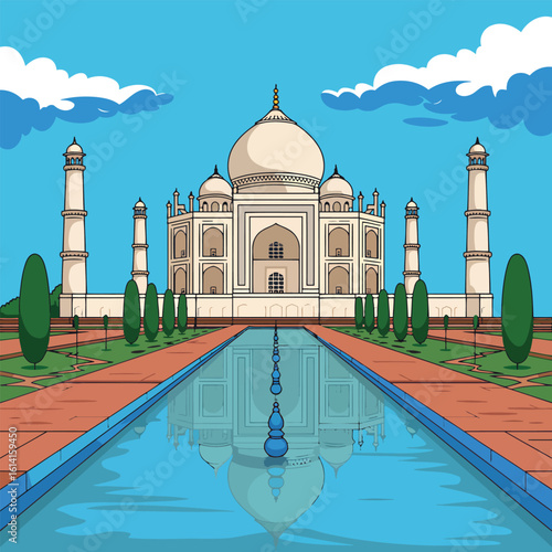 Taj Mahal Agra India Reflecting Pool Flat Vector Illustration of Iconic Landmark