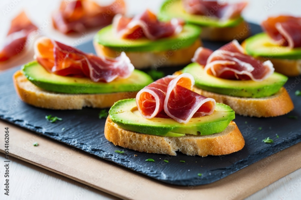 Delectable avocado toasts topped with savory jamon, artfully presented for a delightful culinary experience. Delectable avocado toasts topped with savory jamon, artfully presented for a delightful culinary experience.