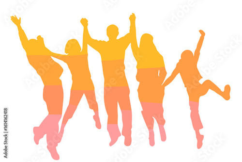 Team huddle silhouette with raised hands in gradient style, orange and pink tones, excitement before the match, words + concept