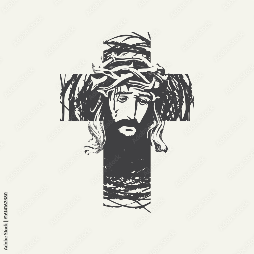 Φωτογραφία Easter banner with Christian Catholic cross on the shroud with a portrait of crying Jesus Christ in a crown of thorns