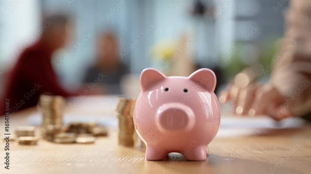 Saving Money with a Pink Piggy Bank on a Wooden Table Saving Money with a Pink Piggy Bank on a Wooden Table